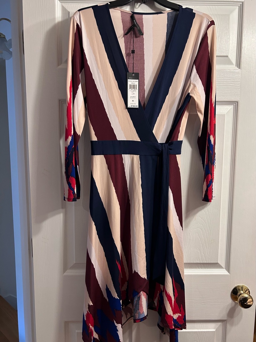 BCBGMaxAzria Striped Wrap Dress in Navy, Burgundy, Cream & Pink